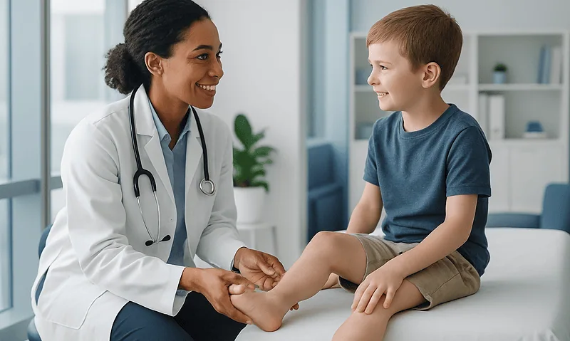 Pediatric doctor examining a young boy's foot in a clinic setting.