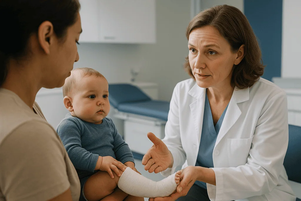 Pediatrician examining infant's leg cast with parent present: Ponseti method vs surgery: what each option really means