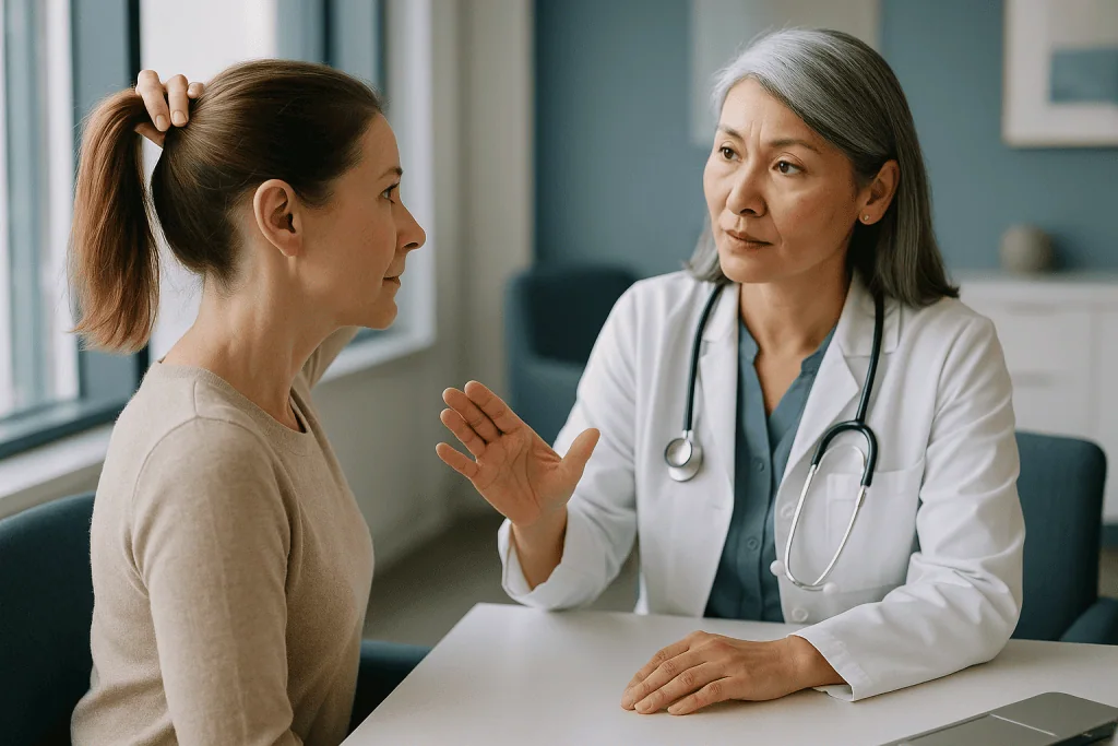 Female doctor consulting with patient in clinical office: Ponytail lift vs mini facelift: is it the same thing?