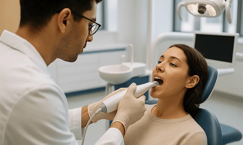 Dentist examining patient's mouth in a modern dental clinic.