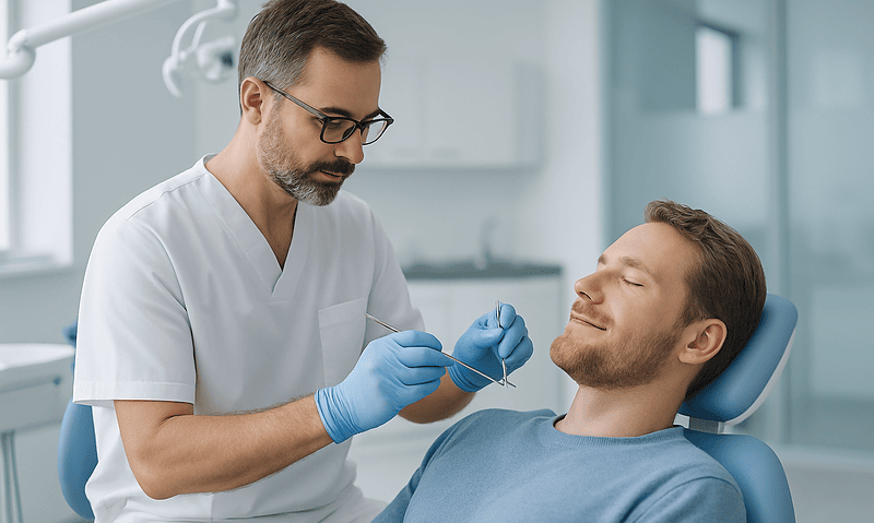 Dentist examining patient's teeth in a dental clinic.