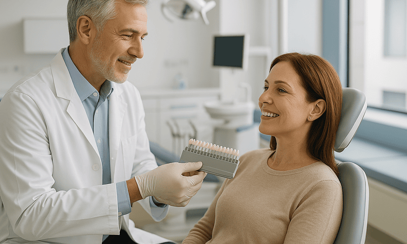 Dentist showing porcelain veneers sample to a patient in a dental clinic.