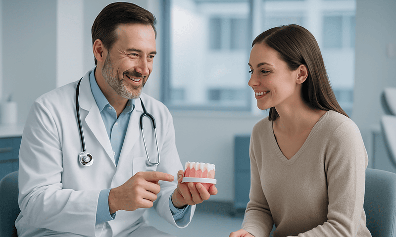 Dentist explaining porcelain veneers to a patient in a clinic setting.