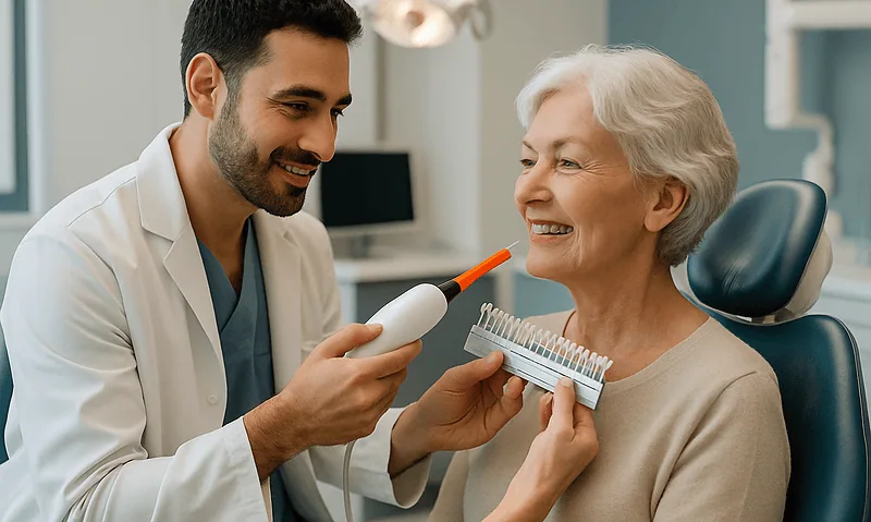 Dentist showing dental shade guide to elderly woman in clinic.