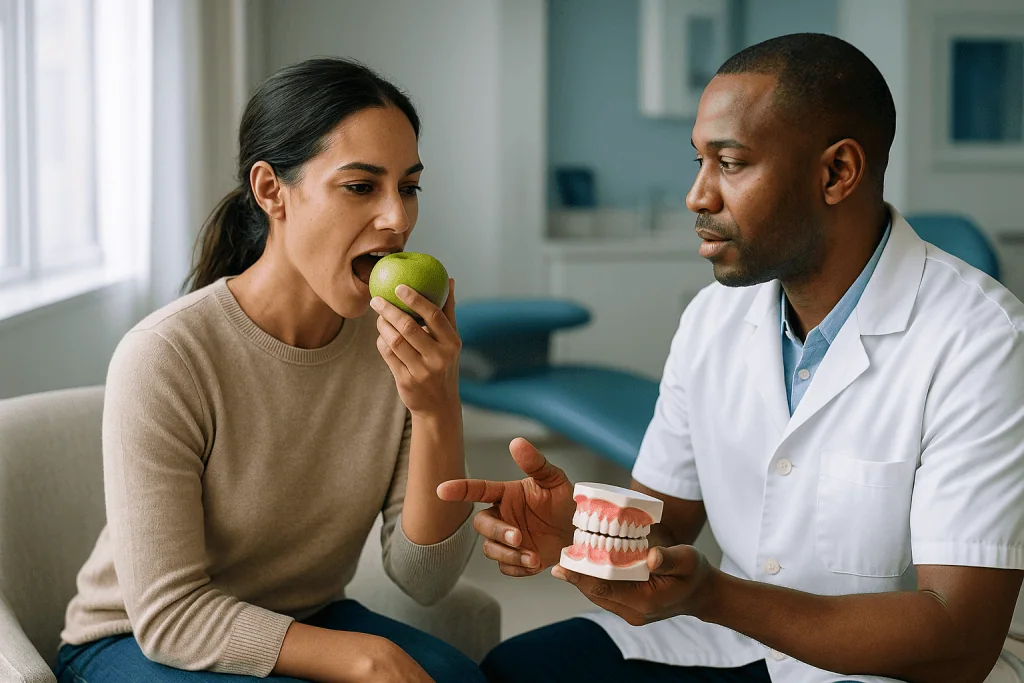 Dentist consulting patient about dental health and teeth model: Porcelain veneers requirements: why enamel thickness matters