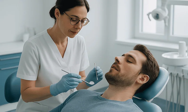 Dentist examining patient's teeth in a dental clinic.