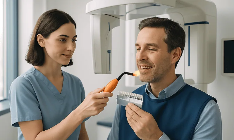 Dental professional examining patient's teeth with advanced imaging equipment.