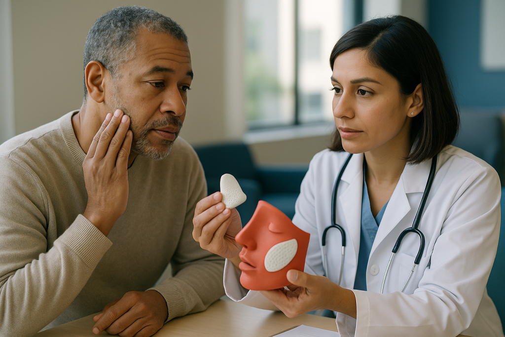 Doctor showing skin patches to male patient: Porous polyethylene implants: how pores change the healing story