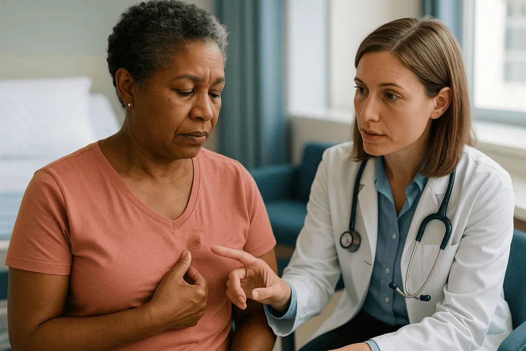 Doctor examining patient's chest for signs of infection: Port site infection warning signs: the changes worth noticing first