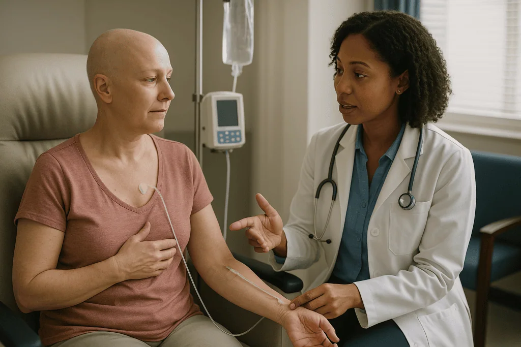 Doctor consulting patient with stethoscope in clinical setting: Port vs PICC line for chemo: side-by-side comparison