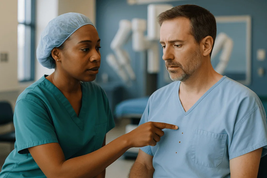 Healthcare worker consulting with male patient in clinical setting: Ports: where the small incisions go and why placement ma