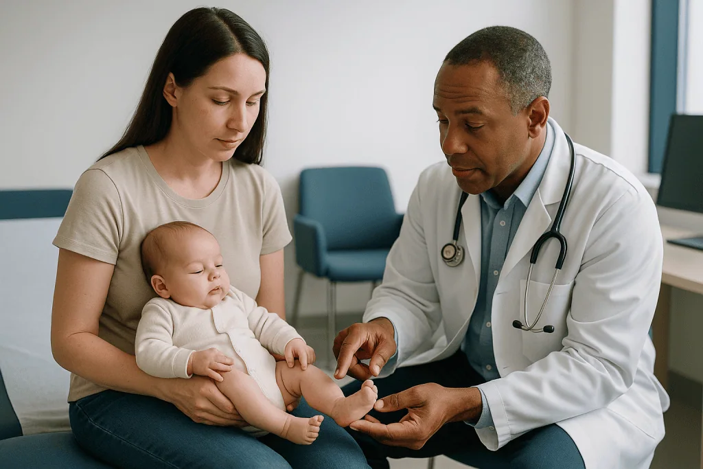 Pediatrician examining infant's foot during clinical consultation: Positional foot or true clubfoot? The first question the 