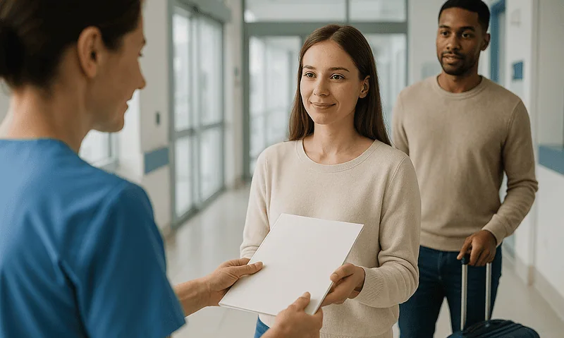 Patient receiving discharge instructions from healthcare professional at hospital.