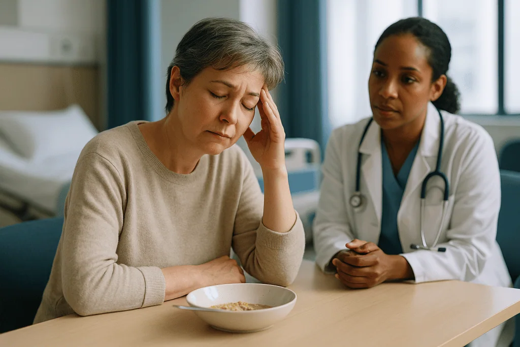 Patient with loss of appetite consulting female doctor in hospital: Post embolization syndrome liver: why you feel flu-ish f