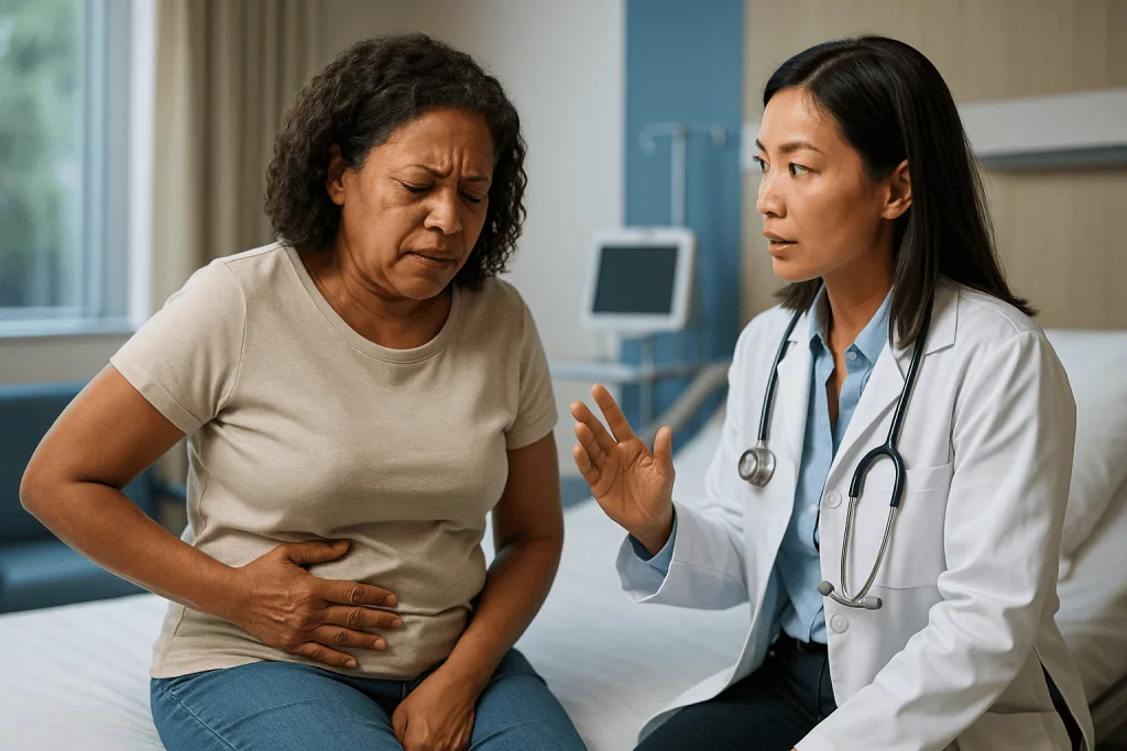 Doctor consulting patient about abdominal pain in clinic: Post-ERCP pancreatitis symptoms: the first 24 hours