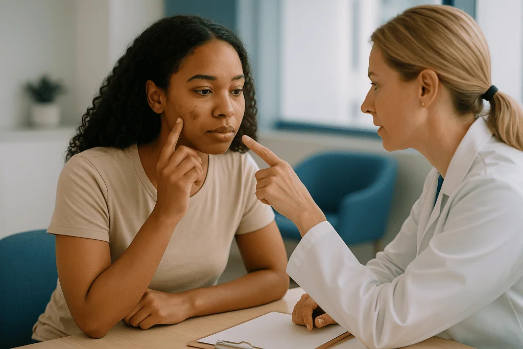 Female patient in consultation with female healthcare provider: Post inflammatory hyperpigmentation: why a healed pimple lea