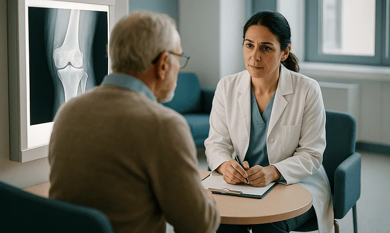 Doctor consulting with elderly patient about knee X-ray in clinic.
