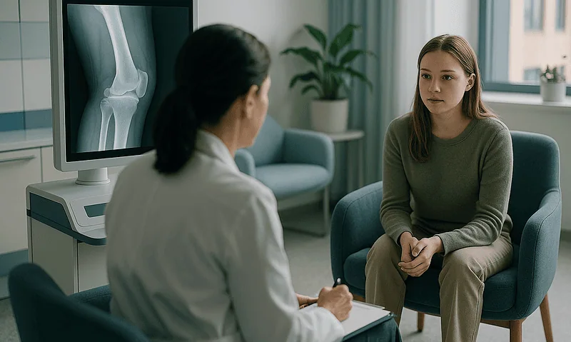 Young woman in therapy session with doctor in a modern clinic setting.