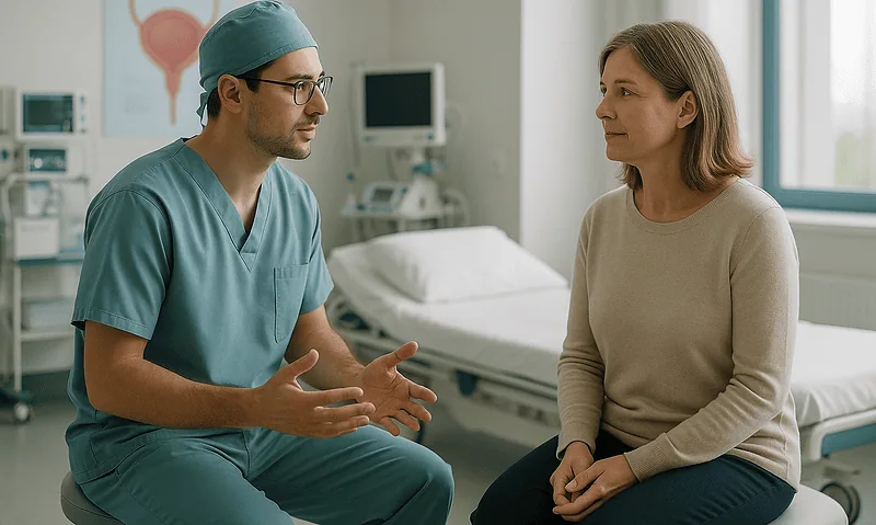Doctor discussing post void residual test with patient in hospital room.