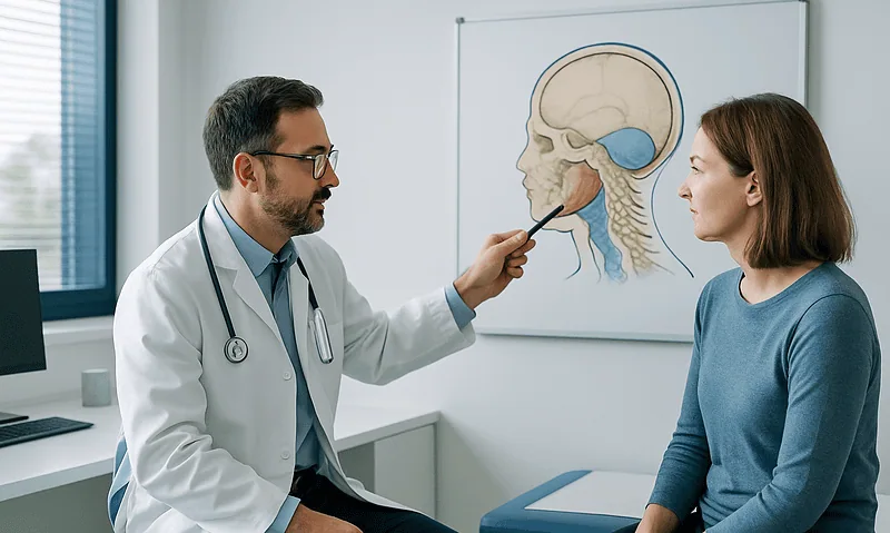 Doctor explaining brain anatomy to a patient during consultation.