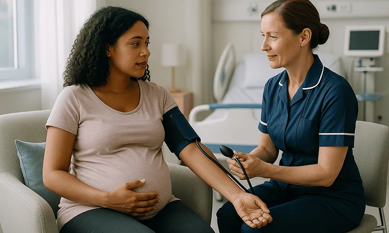Pregnant woman having her blood pressure checked by a nurse in a hospital room.