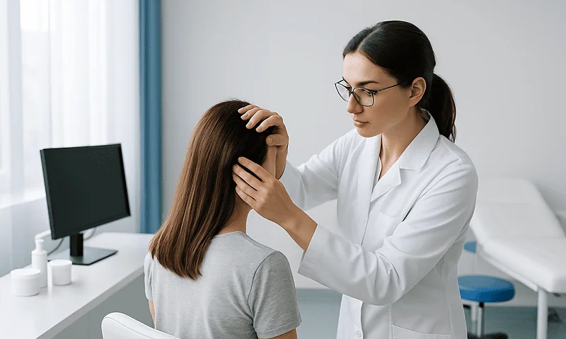 Doctor examining woman's scalp for postpartum hair loss diagnosis.