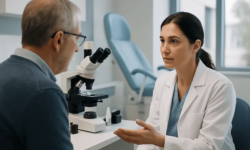 Doctor consulting with patient in a medical office with microscope in background.