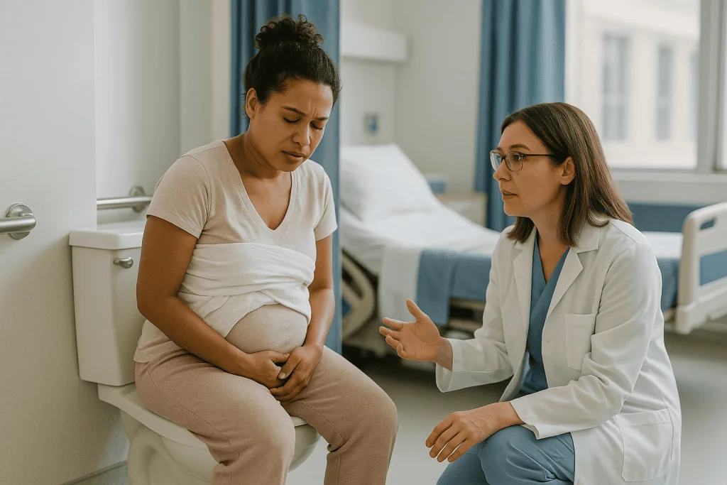 Pregnant woman consulting with female doctor in hospital room: Postpartum urinary retention: when the bladder will not empty