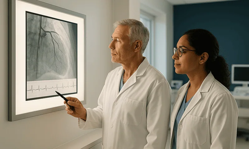 Doctors examining a heart X-ray in a hospital setting.