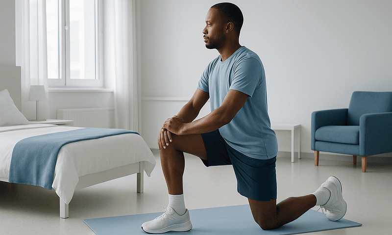 Man performing knee stretch exercise in a bright, modern room.