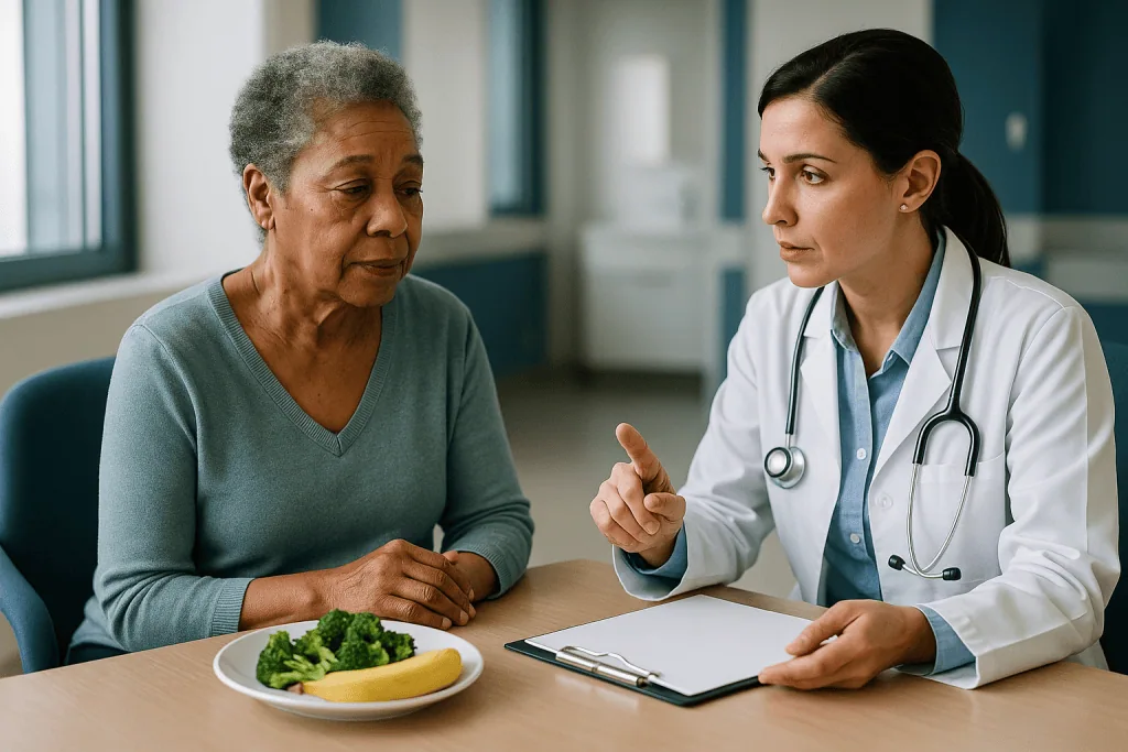 Doctor consulting senior patient about nutrition and diet: Potassium diet advice for kidney disease: who is asked to limit, 