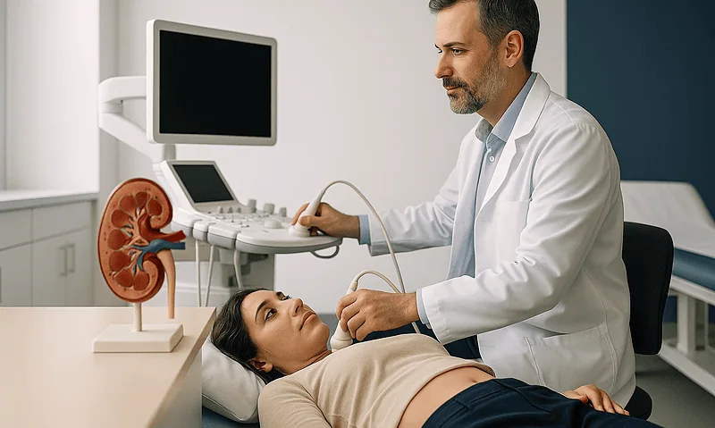 Doctor performing kidney ultrasound on a patient in a medical clinic.