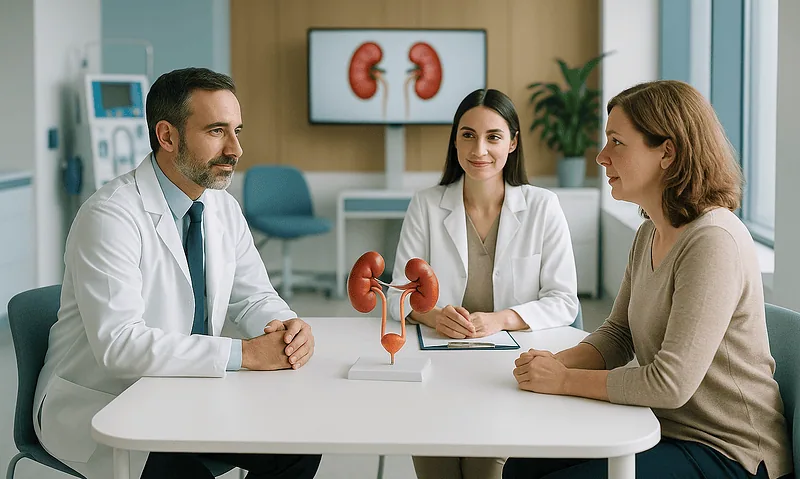Doctor explaining kidney health to a patient in a medical consultation.
