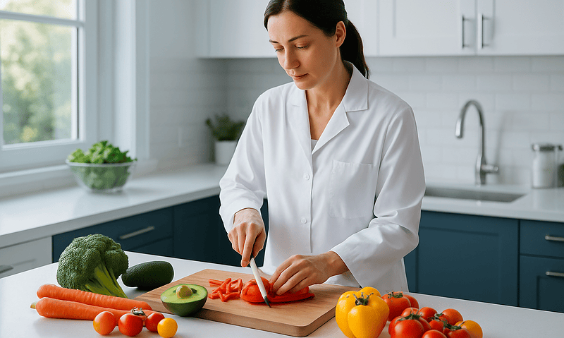 Woman chopping red bell pepper in modern kitchen with vegetables.
