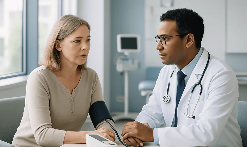 Doctor checking patient's blood pressure in a hospital setting.