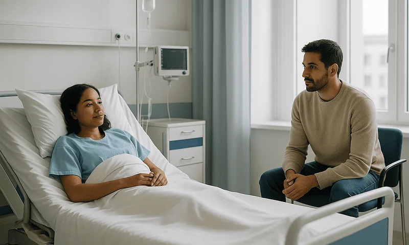 Patient and doctor having a consultation in hospital room.