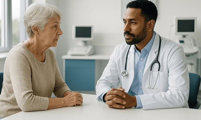 Doctor consulting with elderly woman in a medical office.