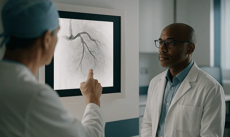 Doctor reviewing a coronary angiogram on a monitor in a hospital setting.