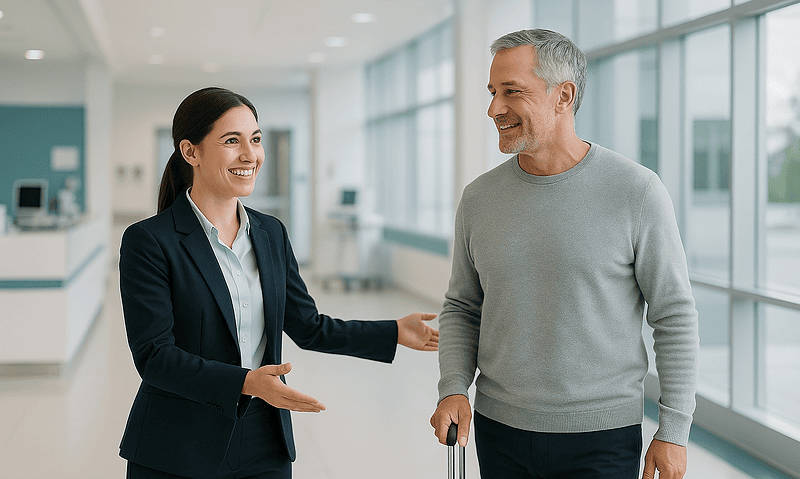 Smiling woman and man at airport check-in counter with luggage.