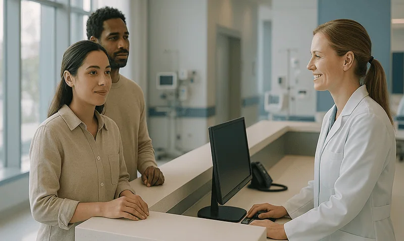 Patients consulting with a healthcare professional at a hospital reception desk.