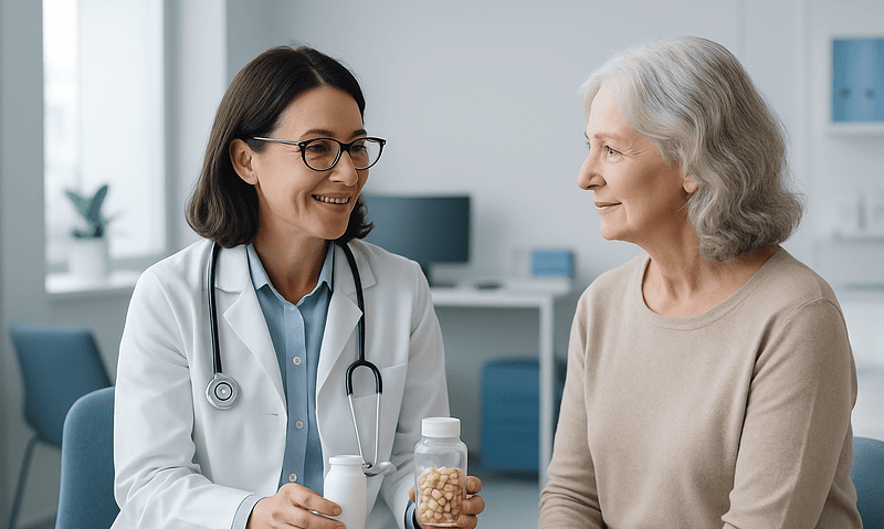 Blog 14 Doctor consulting elderly woman about health supplements in clinic.
