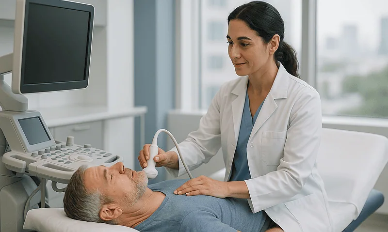 Doctor performing an ultrasound exam on a male patient in a hospital room.