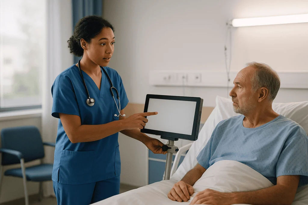 Healthcare provider consulting patient using digital tablet: Predicting who will get worse: sepsis alerts and early-warning 