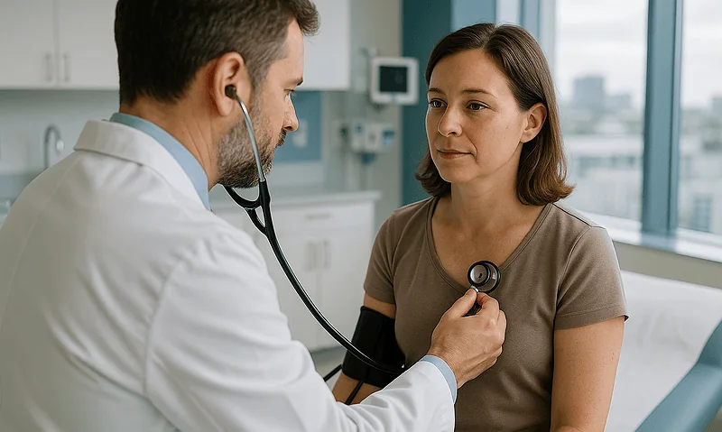 Doctor checks patient's blood pressure in a hospital room.
