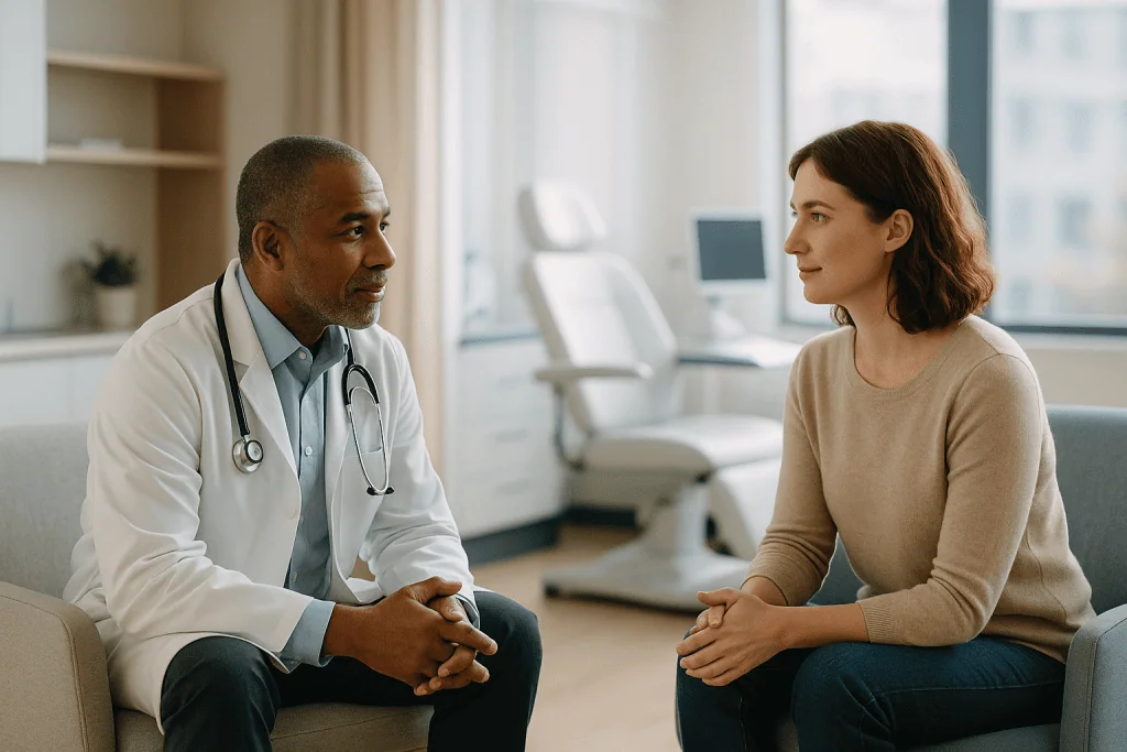Pregnancy Monitoring 1 Doctor consulting with pregnant woman in a medical office.