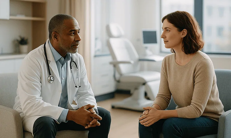 Doctor consulting with pregnant woman in a medical office.