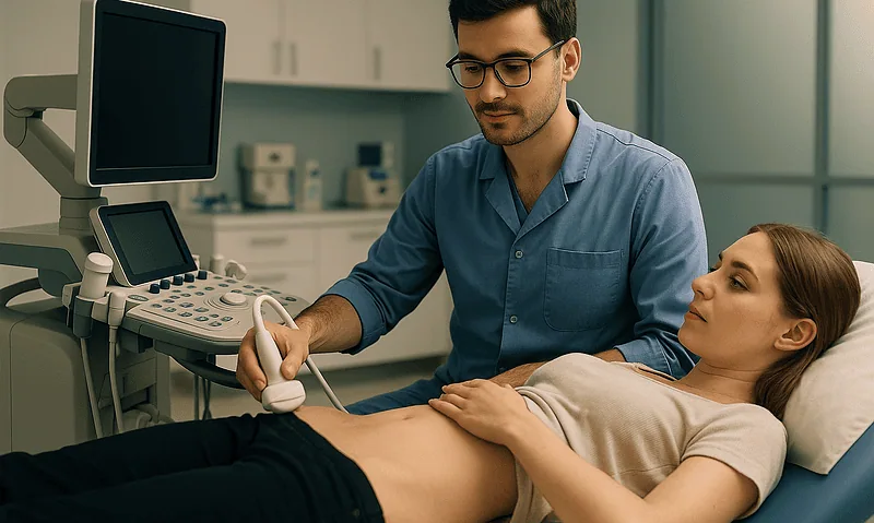 Doctor performing an ultrasound on a pregnant woman in a medical clinic.