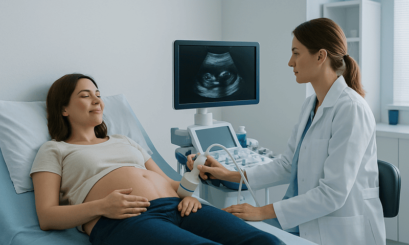 Pregnant woman having ultrasound scan at a hospital.