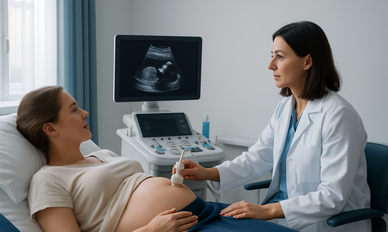 Pregnant woman having ultrasound exam at hospital.