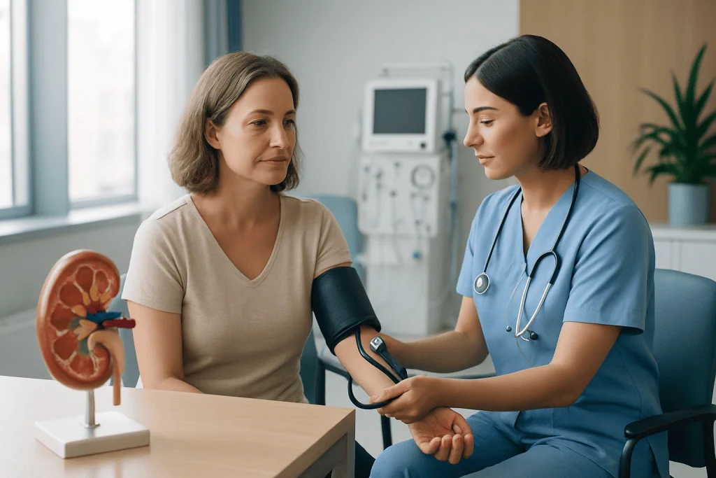 Pregnancy Nephropathy 1 Doctor measuring patient's blood pressure in a medical consultation.